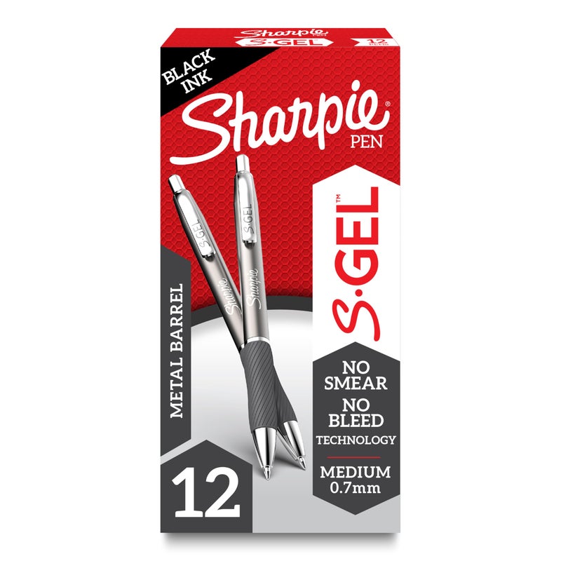 Sharpie S-Gel, Gel Pens, Sleek Metal Barrel, Gunmetal, Medium Point (0.7mm), Black Ink, 12 Count - Image 1